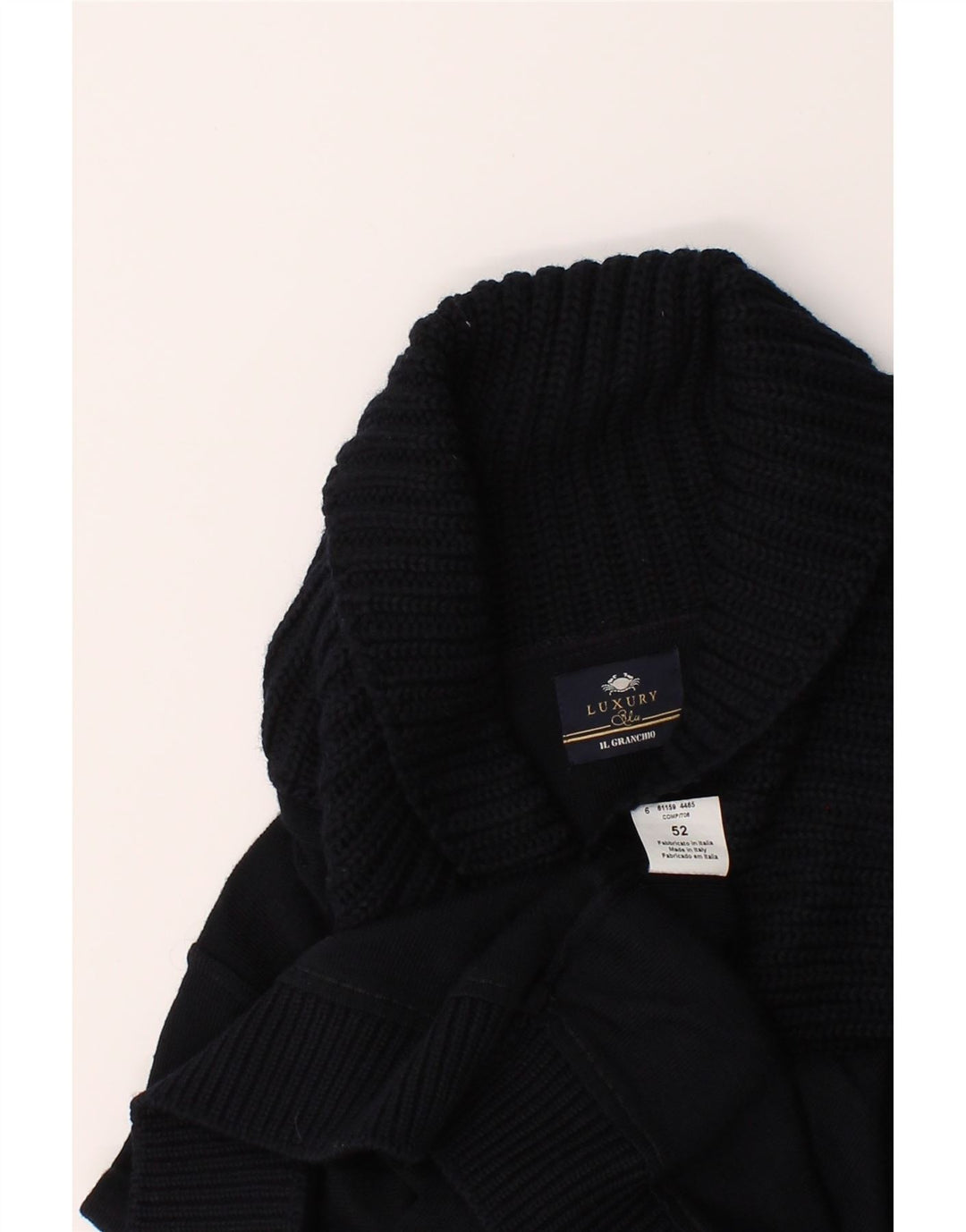 IL GRANCHIO Mens Shawl Neck Jumper Sweater IT 52 Large Navy Blue Wool Vintage Il Granchio and Second-Hand Il Granchio from Messina Hembry 
