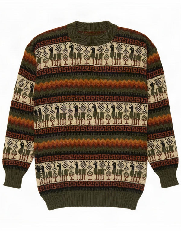 Vintage Mens Crew Neck Jumper Sweater Small Green Geometric Aztec