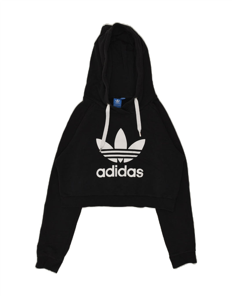 ADIDAS Womens Crop Graphic Hoodie Jumper UK 14 Medium Black Cotton | Vintage Adidas | Thrift | Second-Hand Adidas | Used Clothing | Messina Hembry 