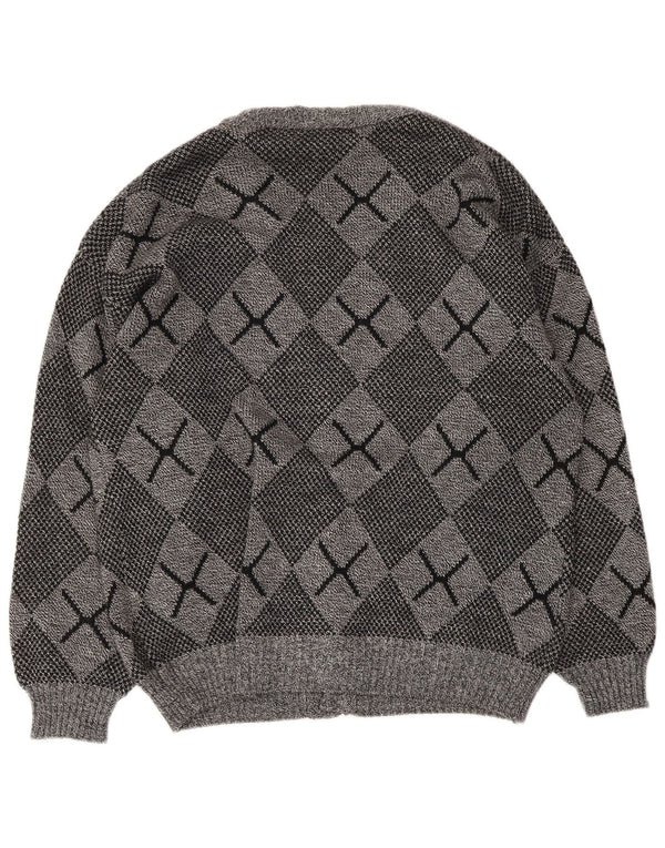 Vintage Mens Cardigan Sweater Large Grey Argyle/Diamond Acrylic