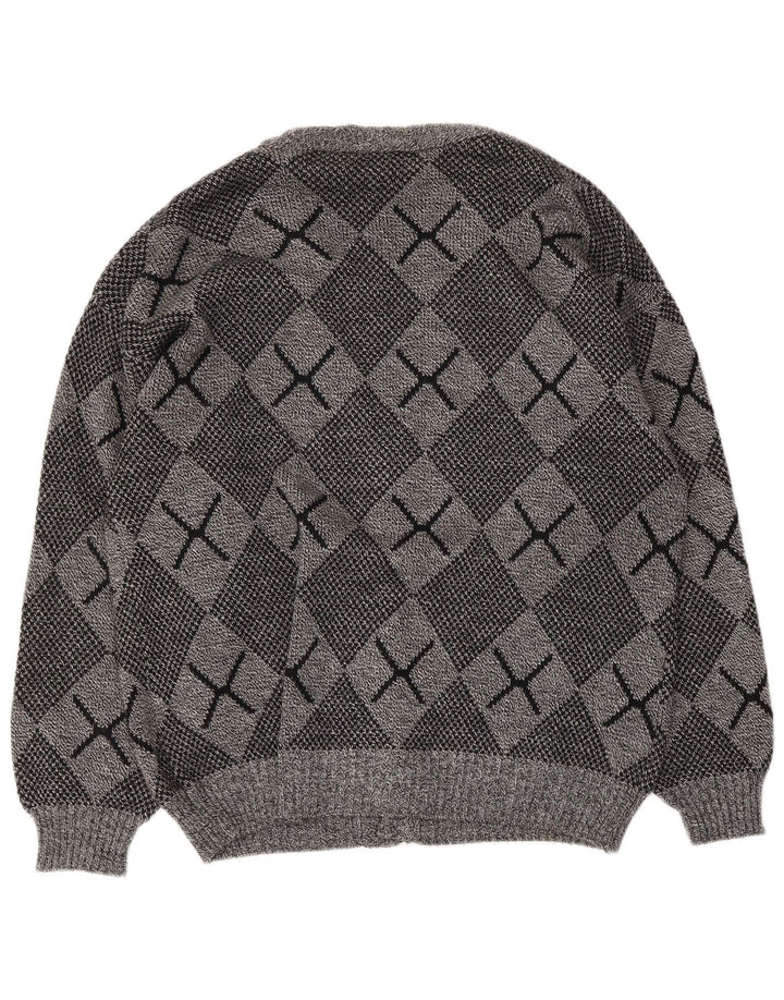 Vintage Mens Cardigan Sweater Large Grey Argyle/Diamond Acrylic