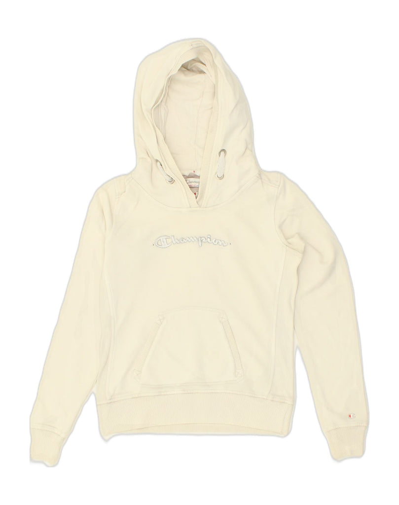 CHAMPION Womens Graphic Hoodie Jumper UK 8 Small Off White Polyester | Vintage Champion | Thrift | Second-Hand Champion | Used Clothing | Messina Hembry 