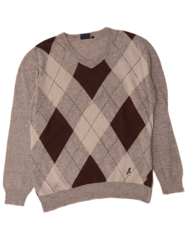 Lotto Mens V-Neck Jumper Sweater XL Grey Argyle/Diamond Wool