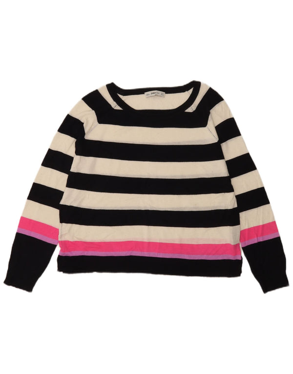Zara Womens Boat Neck Jumper Sweater UK 14 Medium White Striped Viscose