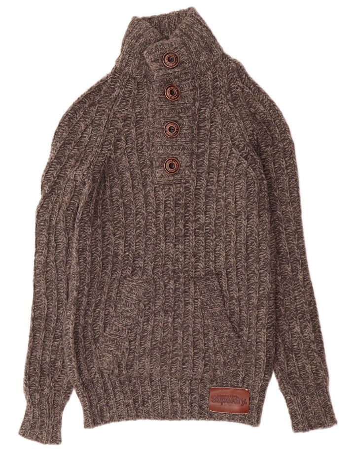 Superdry Mens Button Neck Jumper Sweater Small Grey Wool