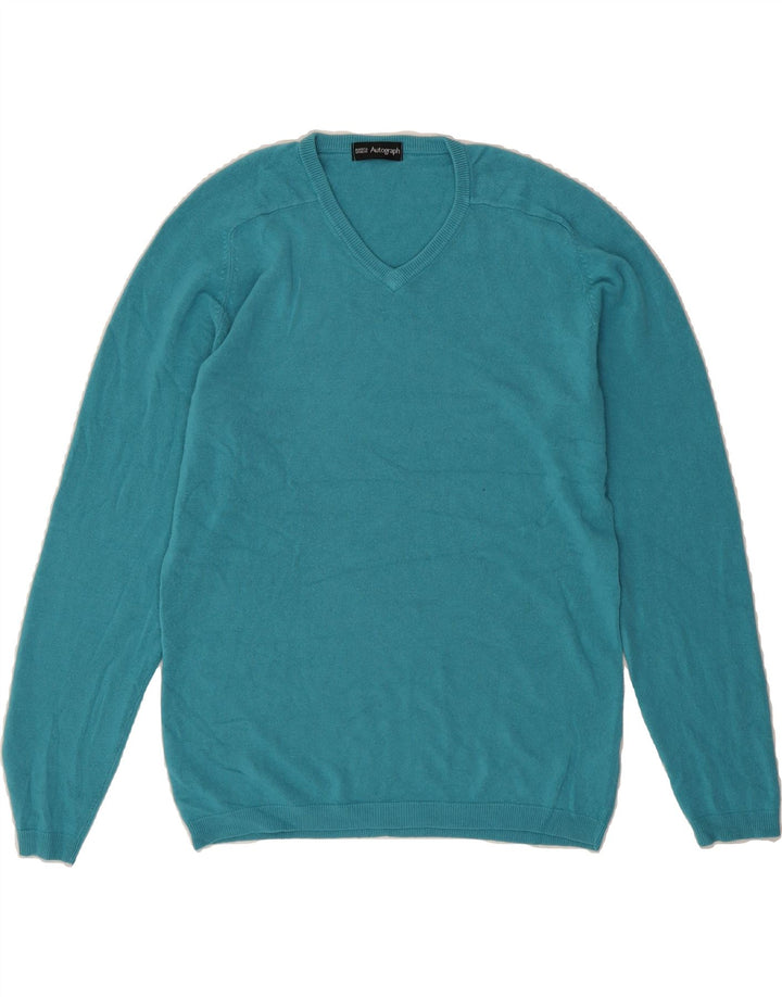 MARKS & SPENCER Mens Autograph V-Neck Jumper Sweater Small Blue Acrylic Vintage Marks & Spencer and Second-Hand Marks & Spencer from Messina Hembry 