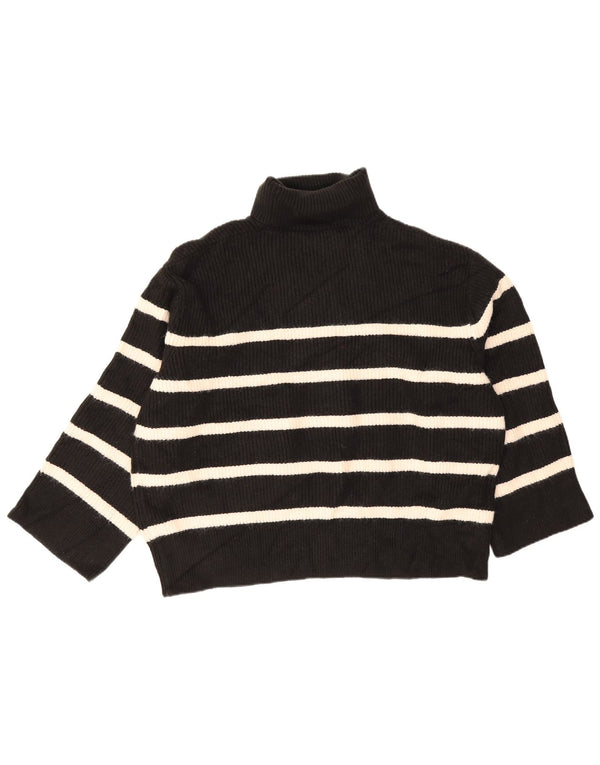 Zara Womens 3/4 Sleeve Roll Neck Jumper Sweater UK 16 Large Black Striped