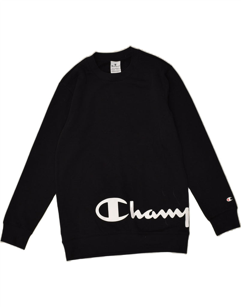 CHAMPION Girls Graphic Sweatshirt Jumper 13-14 Years XL Black Cotton | Vintage Champion | Thrift | Second-Hand Champion | Used Clothing | Messina Hembry 