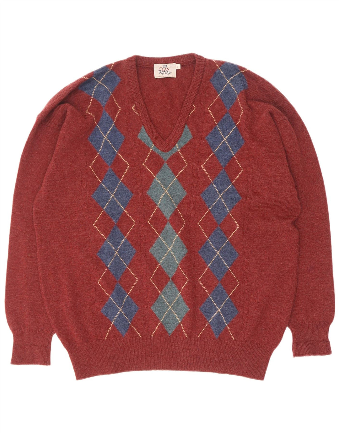 Clan Royal Mens V-Neck Jumper Sweater Large Red Argyle/Diamond Lambswool