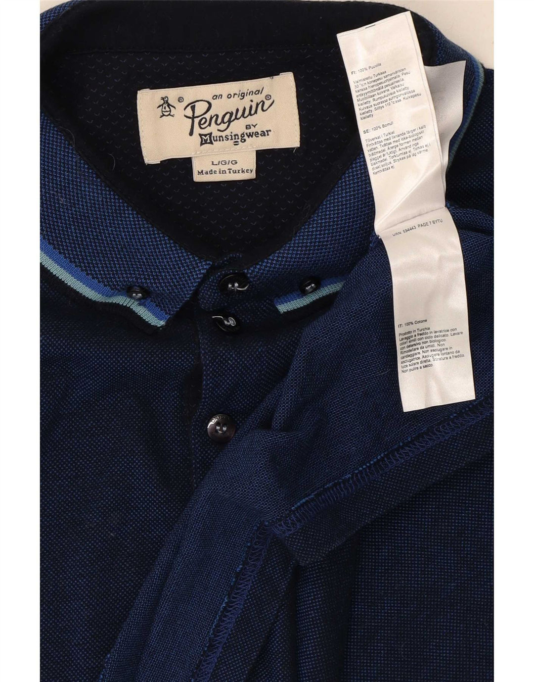 Penguin Mens Polo Shirt Large Navy Blue Striped Cotton