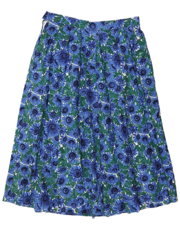 Vintage Womens High Waist Pleated Skirt EU 44 XL W30 Blue Floral Cotton