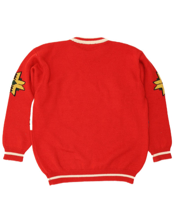 Vintage Mens Graphic Crew Neck Jumper Sweater Large Red Colourblock Acrylic