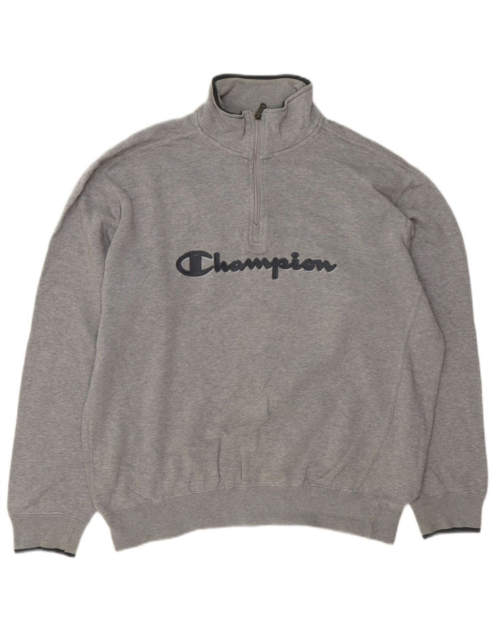 CHAMPION Mens Graphic Zip Neck Sweatshirt Jumper XL Grey Cotton