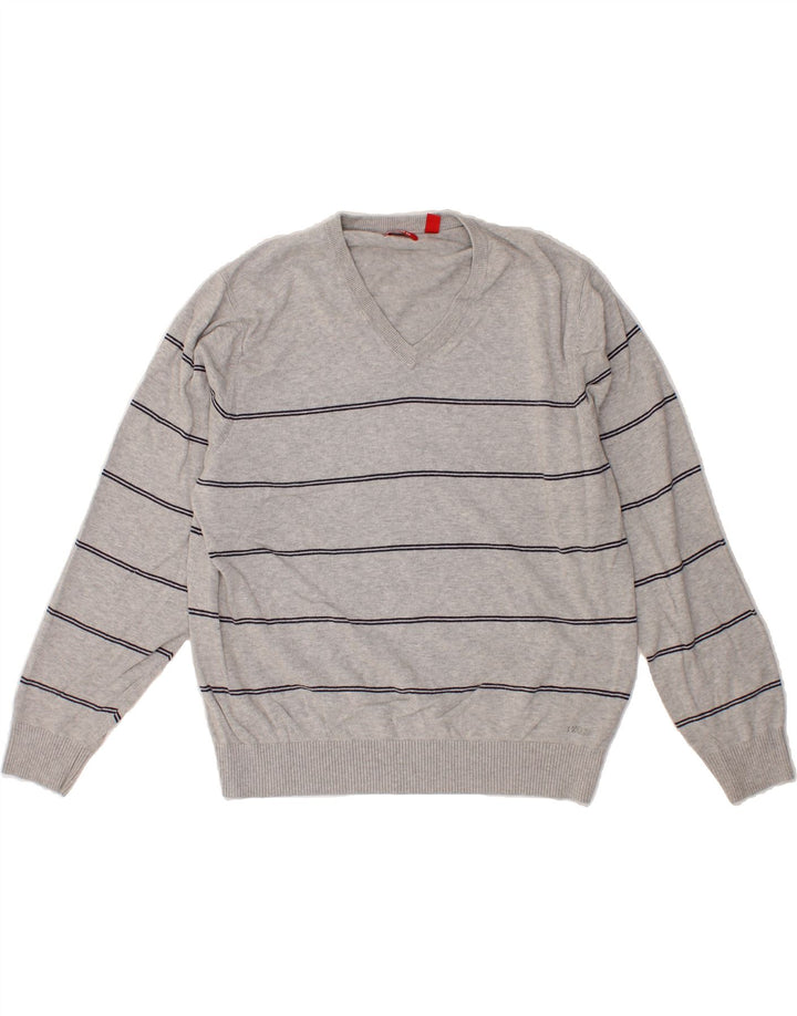 IZOD Mens V-Neck Jumper Sweater Large Grey Striped Cotton Vintage Izod and Second-Hand Izod from Messina Hembry 