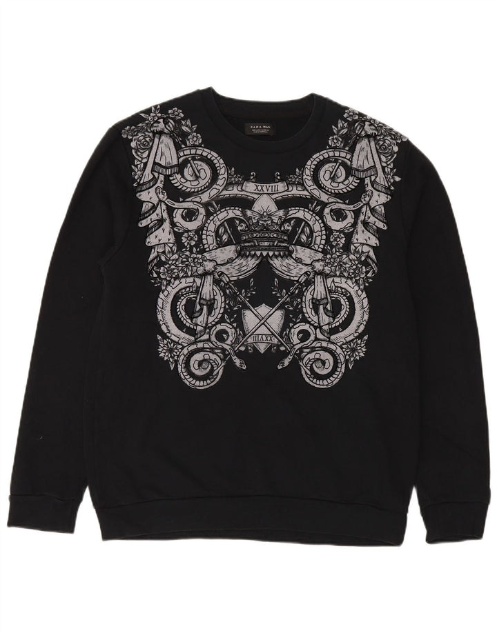 Zara Mens Graphic Sweatshirt Jumper Large Black Cotton