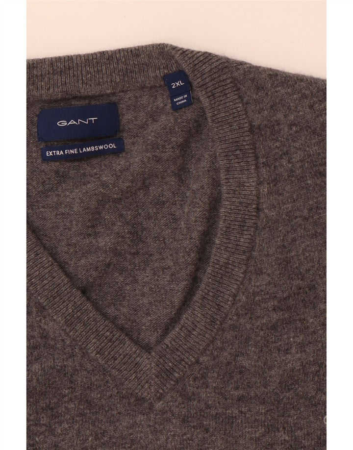 GANT Mens V-Neck Jumper Sweater 2XL Grey Lambswool