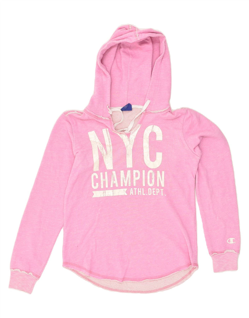 CHAMPION Womens Graphic Hoodie Jumper UK 10 Small Pink Cotton | Vintage Champion | Thrift | Second-Hand Champion | Used Clothing | Messina Hembry 