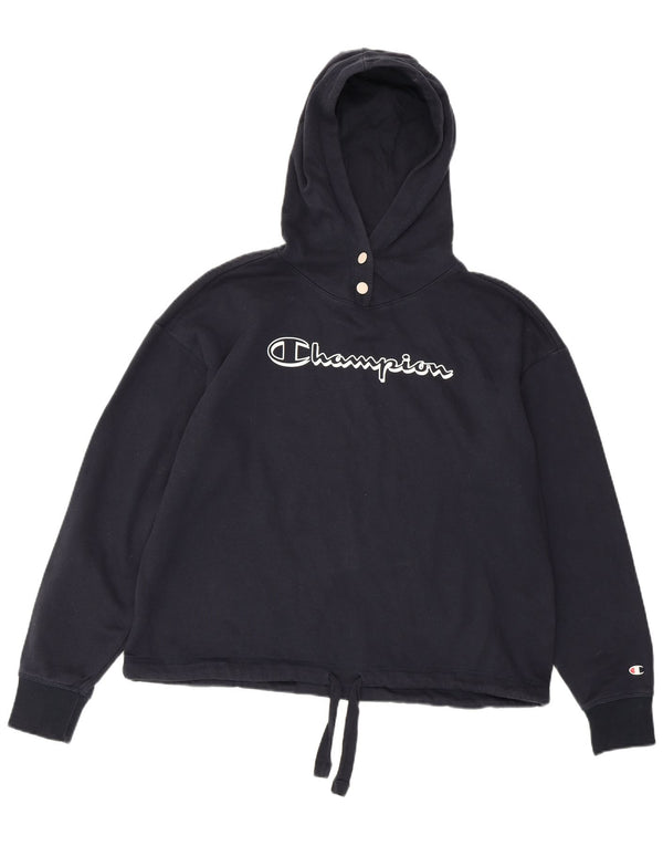 CHAMPION Womens Graphic Hoodie Jumper UK 16 Large Navy Blue Cotton