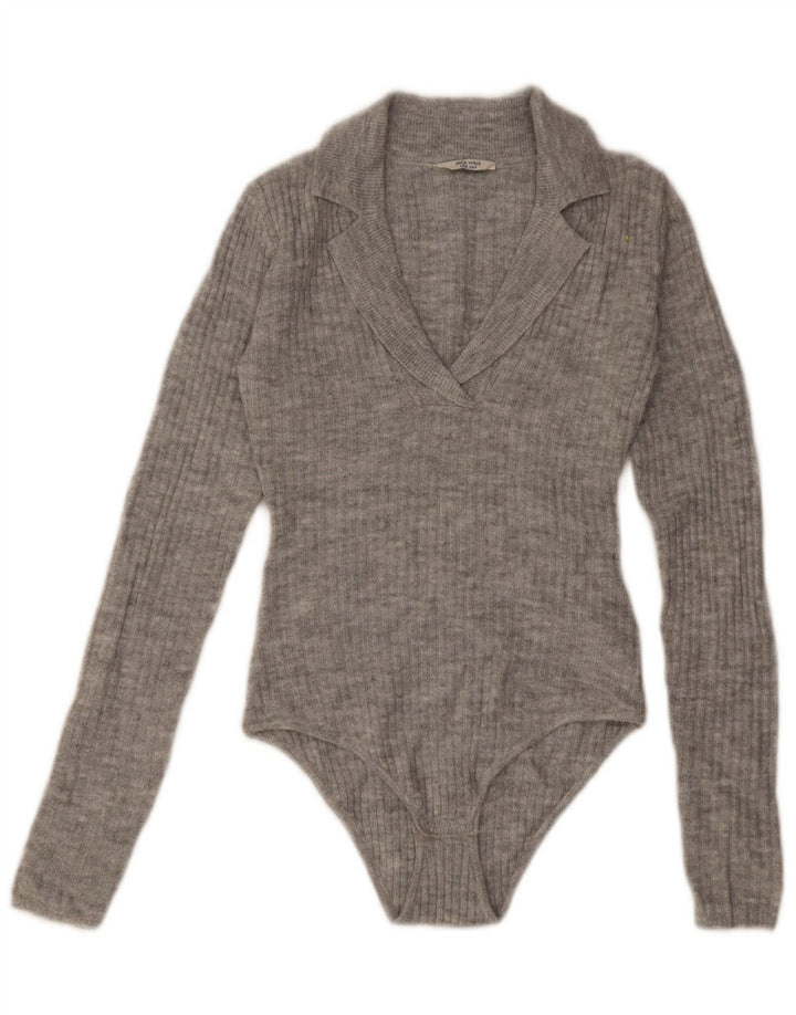 Jack Wills Womens Long Sleeve Bodysuit UK 8 Small Grey Acrylic