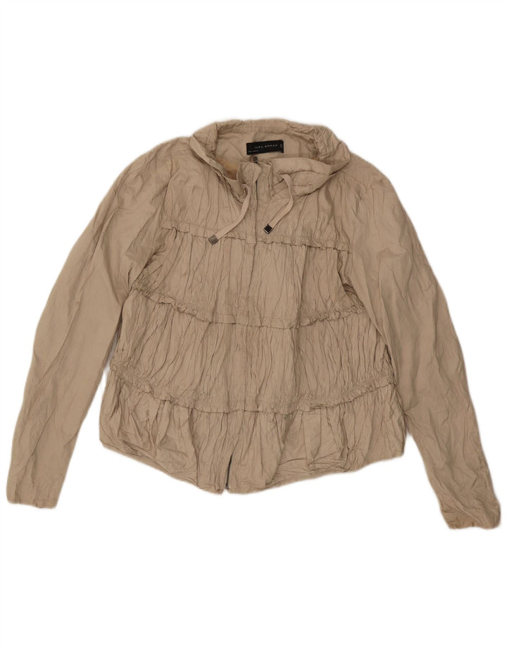 Zara Womens Crop Bomber Jacket UK 14 Large Beige Cotton