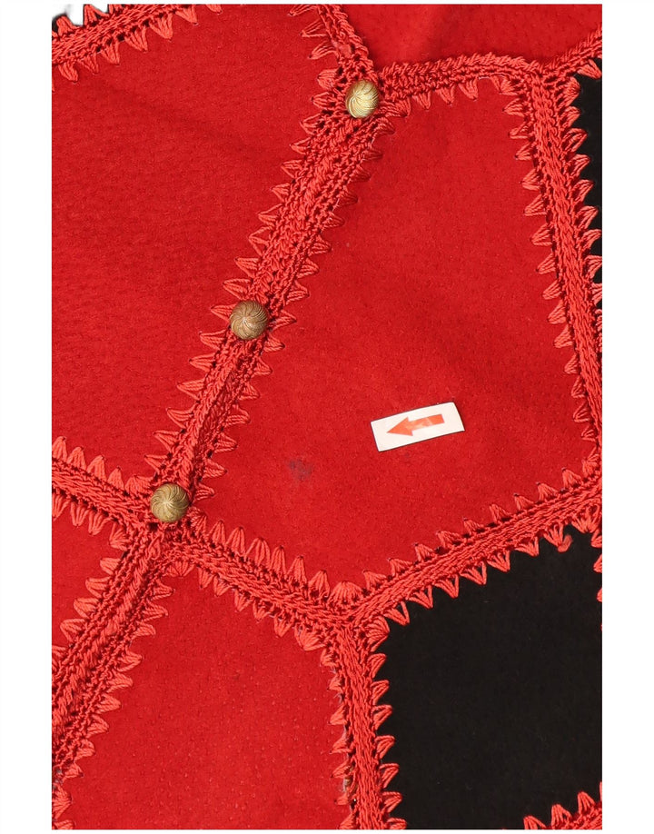 Vintage Womens Crop Suede Waistcoat UK 14 Medium Red Geometric