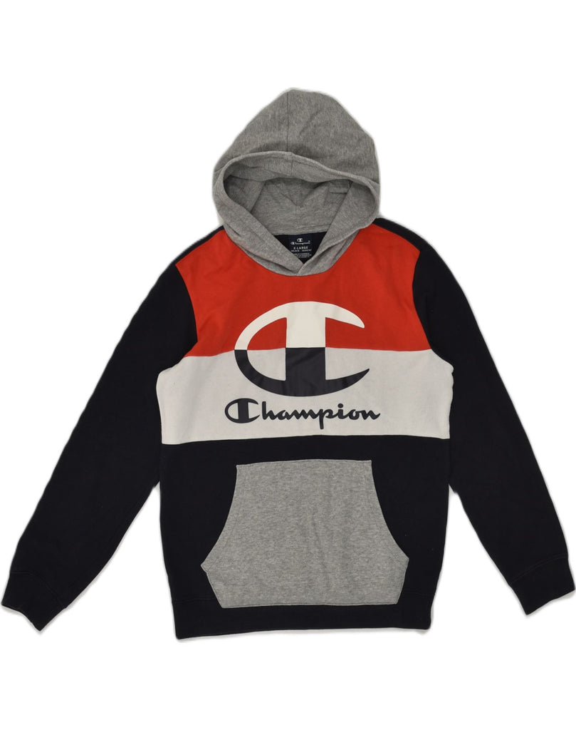 CHAMPION Boys Hoodie Jumper 13-14 Years Black Colourblock Cotton | Vintage Champion | Thrift | Second-Hand Champion | Used Clothing | Messina Hembry 