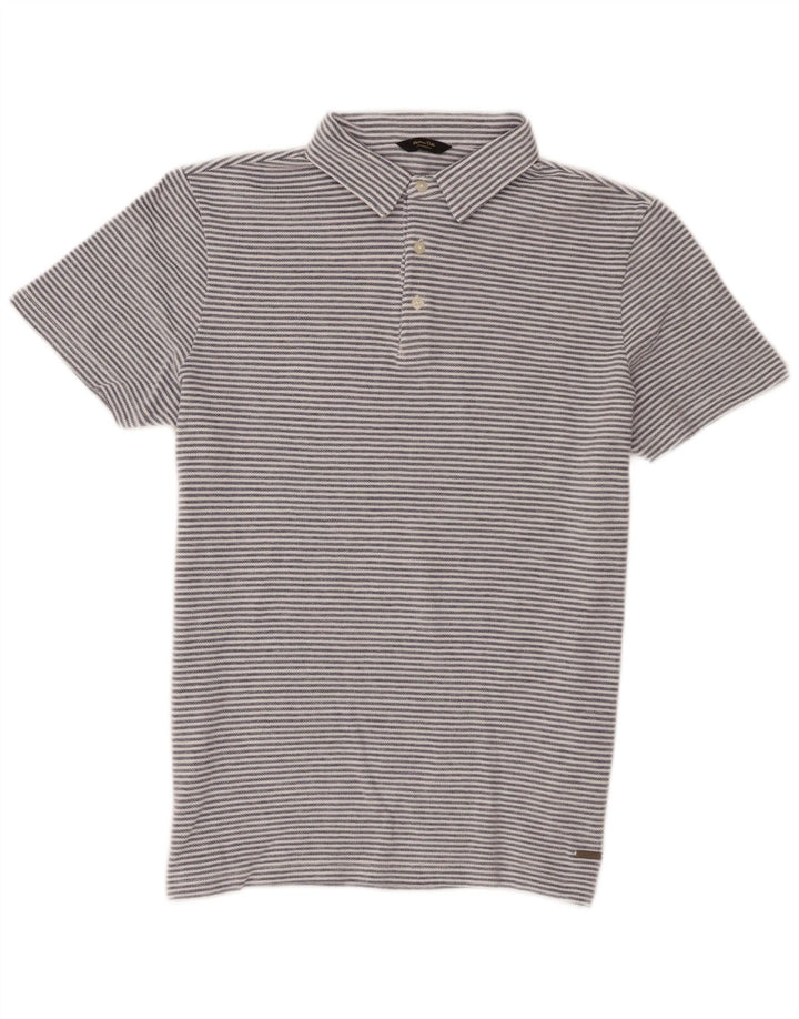 Massimo Dutti Mens Polo Shirt Medium Blue Pinstripe Cotton