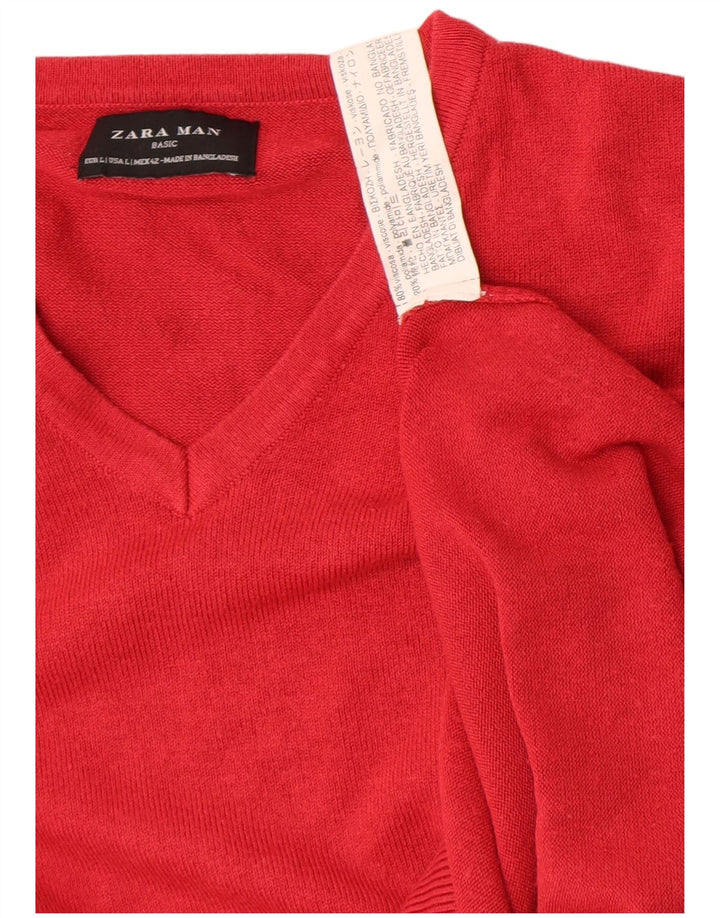Zara Mens V-Neck Jumper Sweater Large Red Viscose