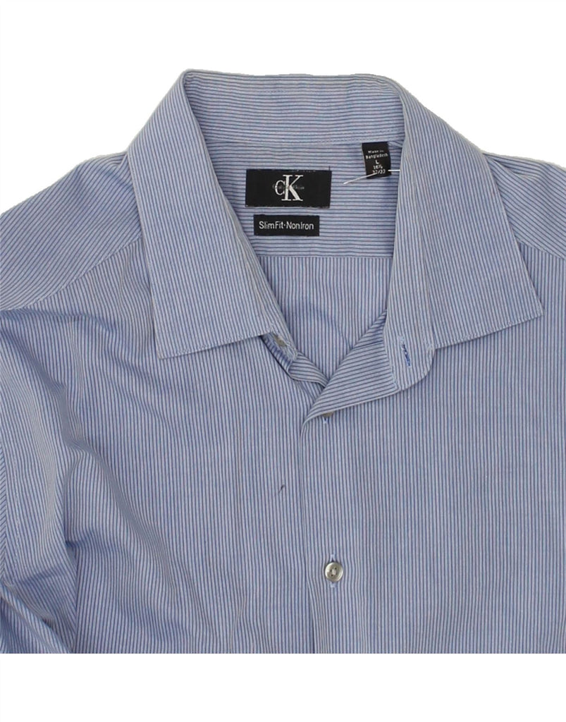 CALVIN KLEIN Mens NON - IRON Slim Fit Shirt Size 16 1/2 Large Blue Striped | Vintage Calvin Klein | Thrift | Second-Hand Calvin Klein | Used Clothing | Messina Hembry 