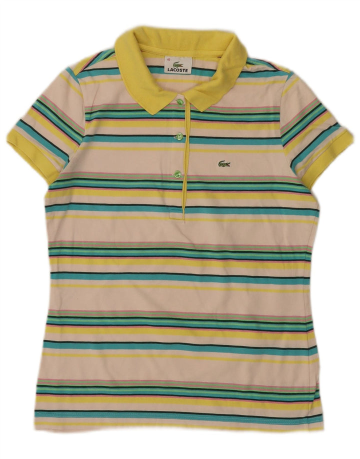 LACOSTE Womens Polo Shirt Size 40 Medium Off White Striped Cotton