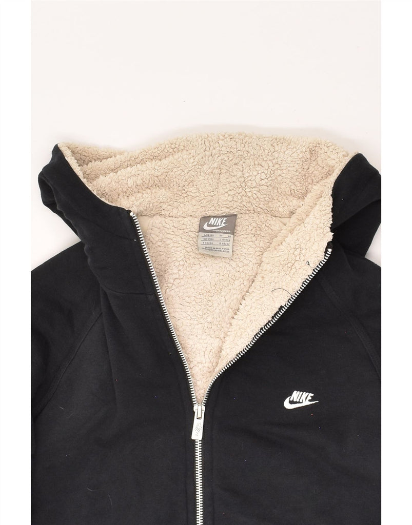 NIKE Womens Sherpa Graphic Zip Hoodie Sweater UK 12/14 Medium Black Cotton | Vintage Nike | Thrift | Second-Hand Nike | Used Clothing | Messina Hembry 