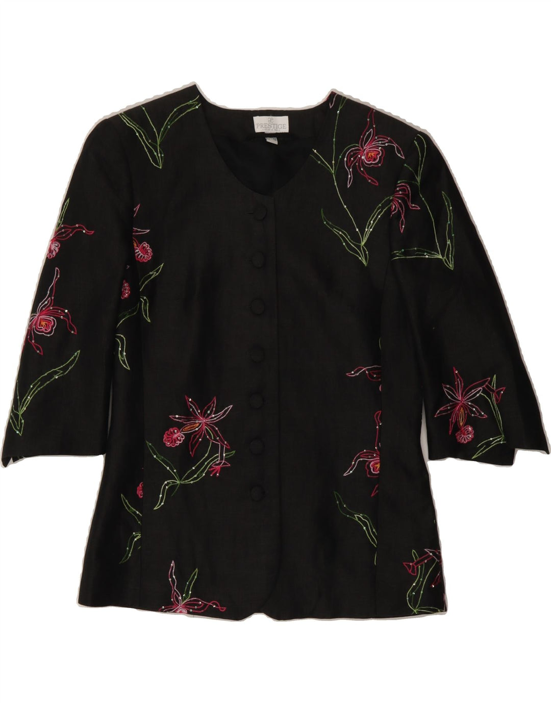 PRESTIGE Womens 3/4 Sleeve 7 button Blazer Jacket UK 10 Small Black Floral Vintage Prestige and Second-Hand Prestige from Messina Hembry 