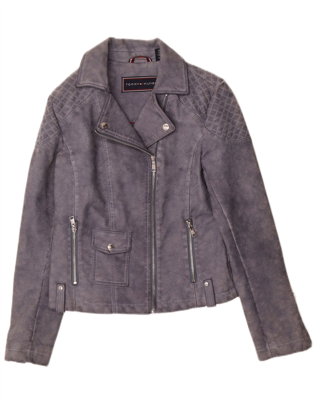 Tommy Hilfiger Womens Faux Leather Biker Jacket UK 10 Small Grey