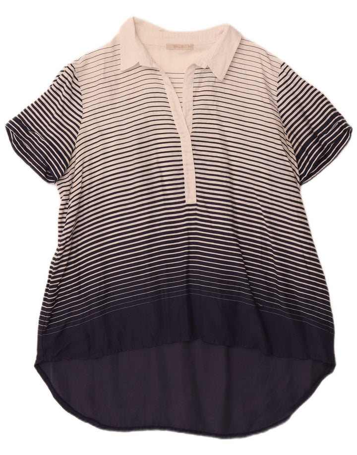 VINTAGE Womens Tunic Top UK 12 Medium Navy Blue Striped Linen