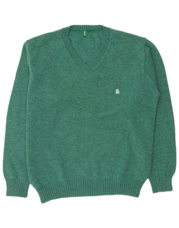 Benetton Mens V-Neck Jumper Sweater Large Green Wool