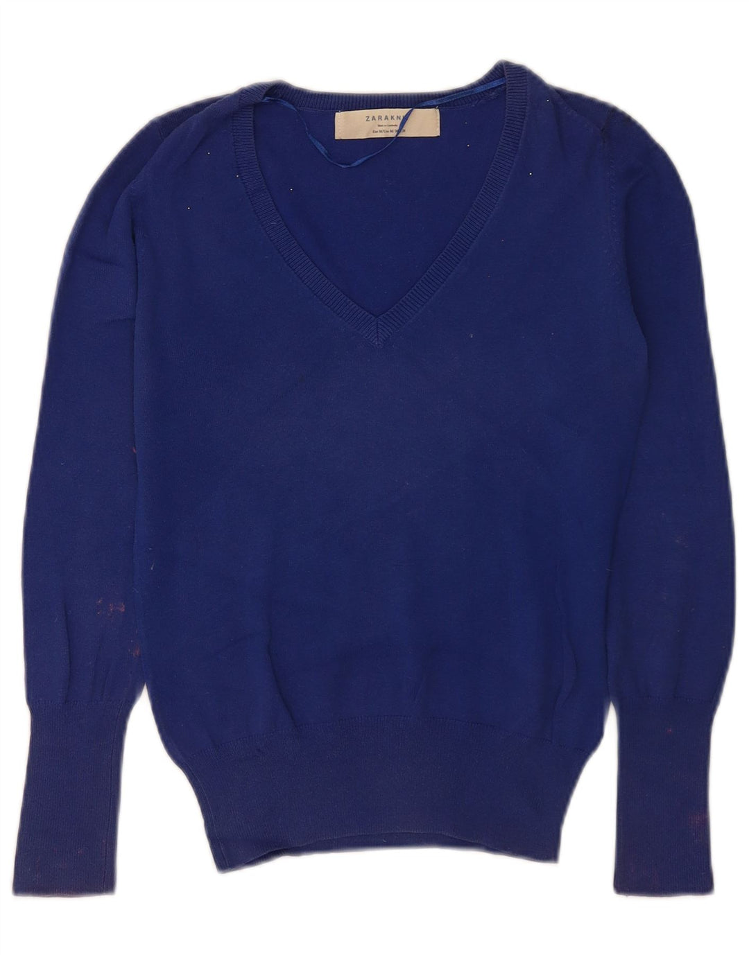 Zara Womens V-Neck Jumper Sweater UK 12 Medium Blue Cotton