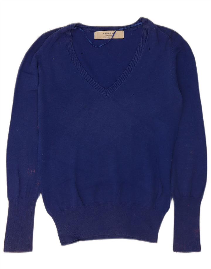 Zara Womens V-Neck Jumper Sweater UK 12 Medium Blue Cotton