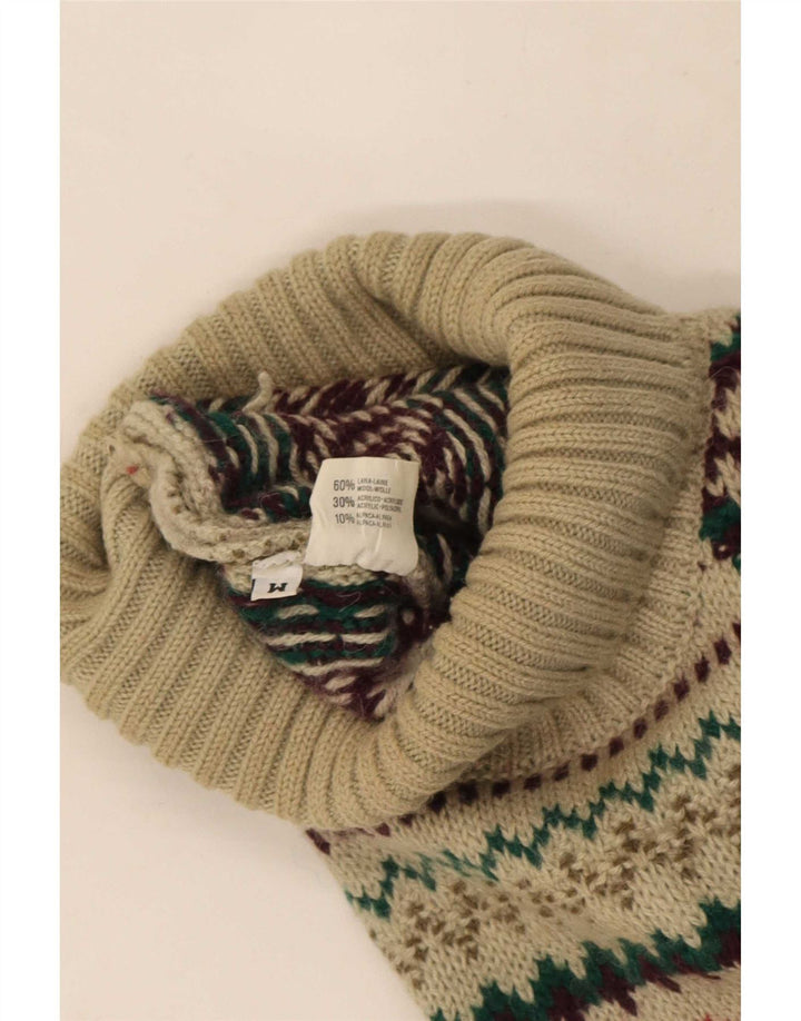 Vintage Mens Roll Neck Jumper Sweater Medium Beige Fair Isle Wool