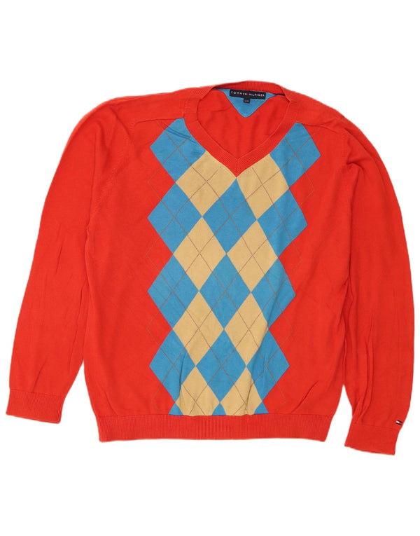 Tommy Hilfiger Mens V-Neck Jumper Sweater Large Red Argyle/Diamond Cotton