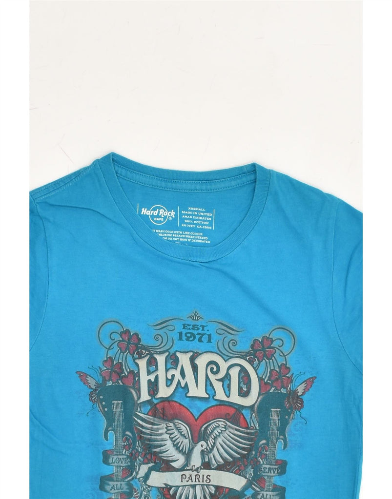 HARD ROCK Womens Paris Graphic T-Shirt Top UK 2 2XS Blue Cotton | Vintage Hard Rock | Thrift | Second-Hand Hard Rock | Used Clothing | Messina Hembry 