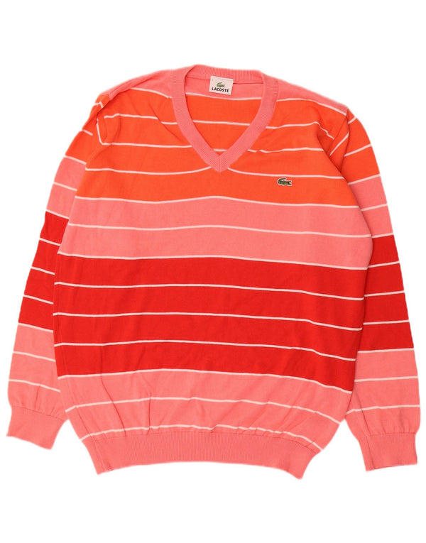 Lacoste Mens V-Neck Jumper Sweater Size 5 Large Pink Striped Cotton