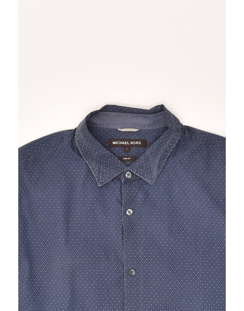 MICHAEL KORS Mens Slim Fit Shirt Large Navy Blue Spotted Cotton | Vintage Michael Kors | Thrift | Second-Hand Michael Kors | Used Clothing | Messina Hembry 