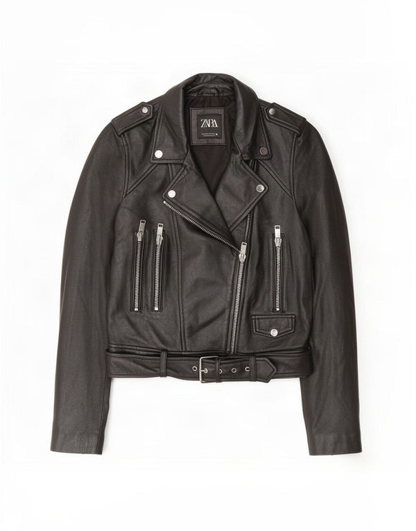Zara Womens Leather Biker Jacket UK 12 Medium Black
