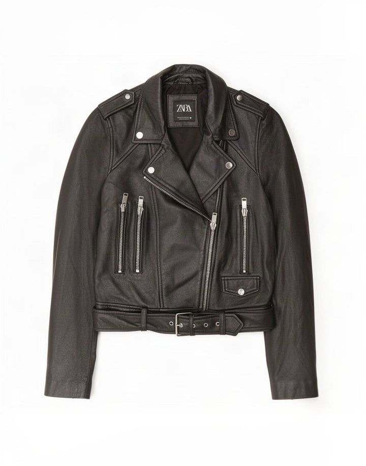 Zara Womens Leather Biker Jacket UK 12 Medium Black