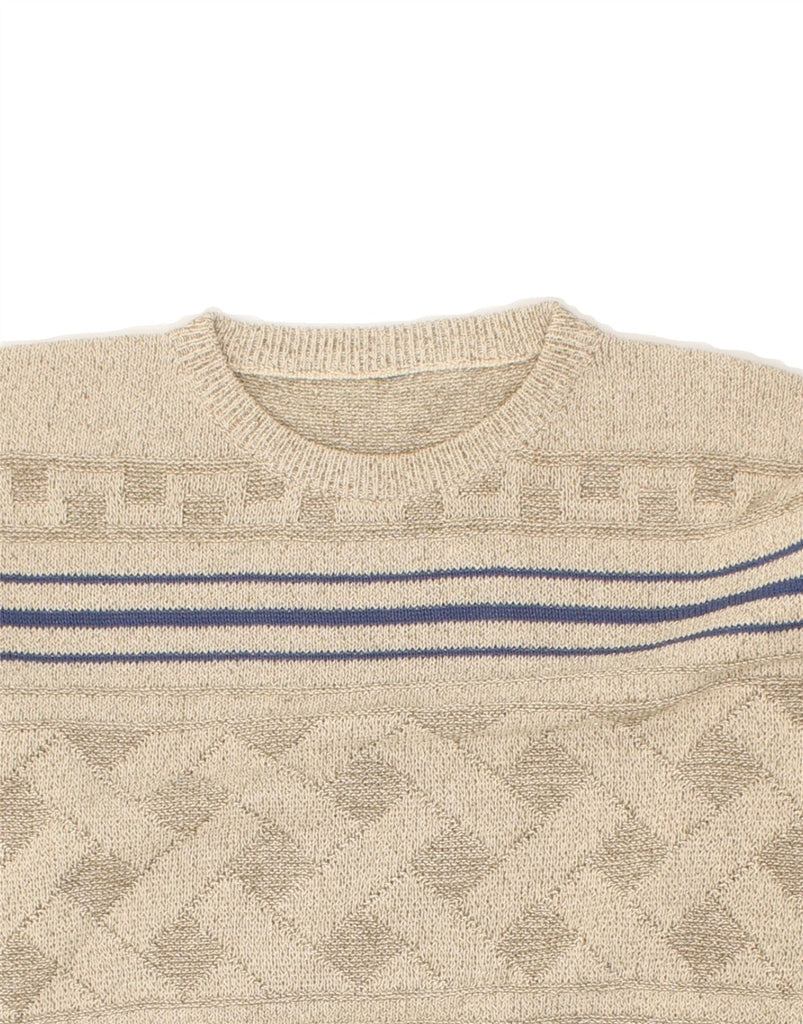 VINTAGE Mens Crew Neck Jumper Sweater Medium Beige Striped | Vintage Vintage | Thrift | Second-Hand Vintage | Used Clothing | Messina Hembry 