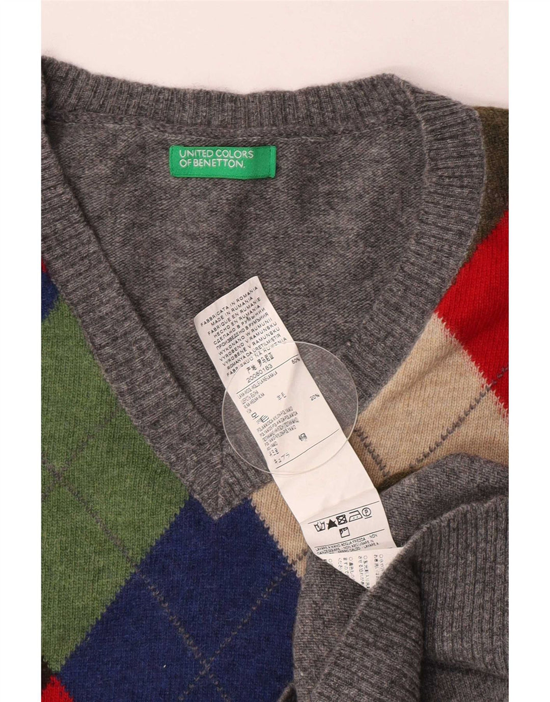 Benetton Mens V-Neck Jumper Sweater Medium Grey Argyle/Diamond Wool