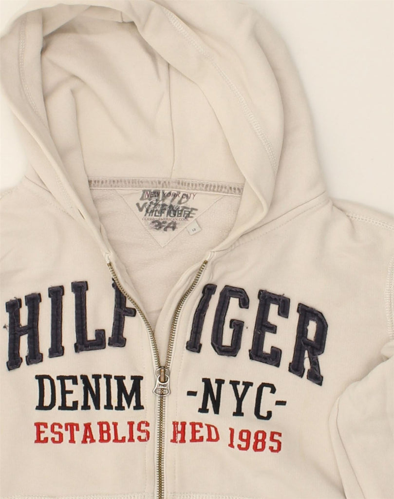 TOMMY HILFIGER Womens Graphic Zip Hoodie Sweater UK 12 Medium Beige | Vintage Tommy Hilfiger | Thrift | Second-Hand Tommy Hilfiger | Used Clothing | Messina Hembry 