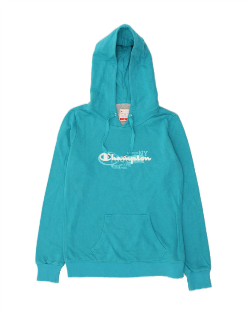 CHAMPION Womens Heritage Fit Graphic Hoodie Jumper UK 14 Medium Turquoise | Vintage Champion | Thrift | Second-Hand Champion | Used Clothing | Messina Hembry 