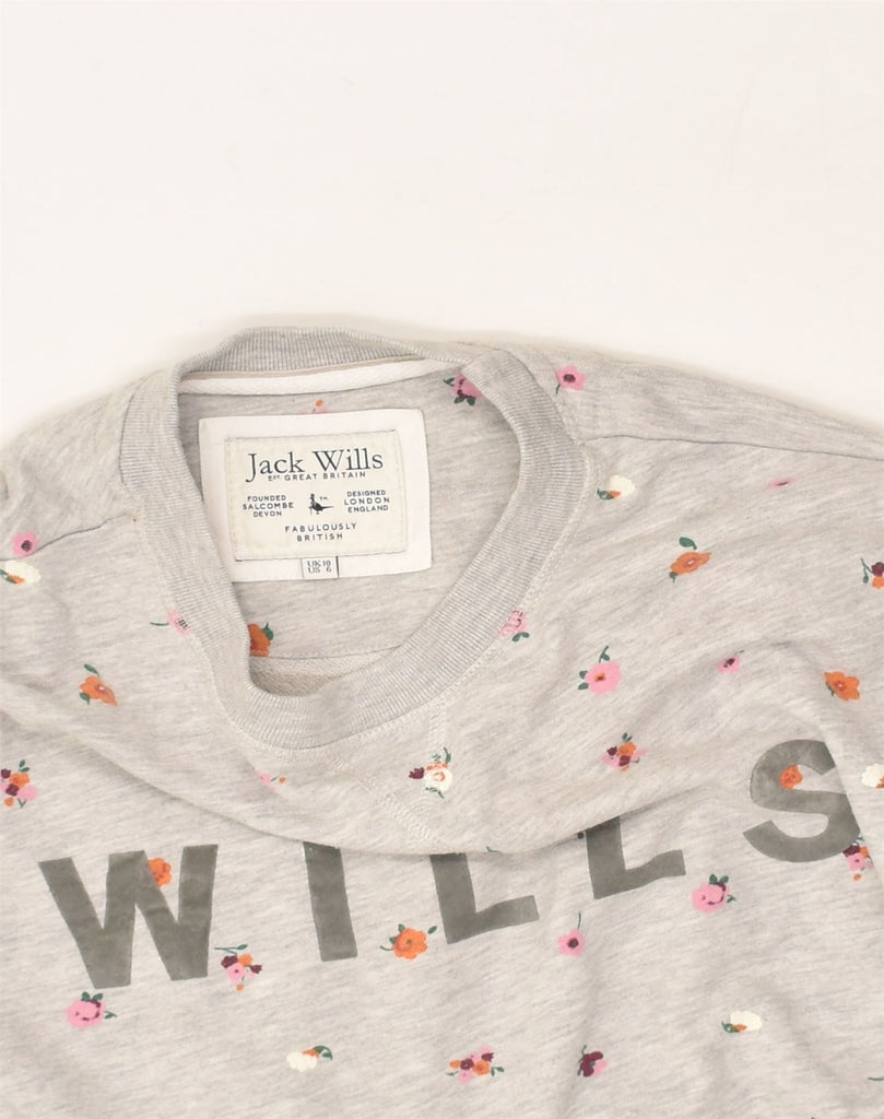 JACK WILLS Womens Graphic Sweatshirt Jumper UK 10 Small Grey Floral Cotton | Vintage Jack Wills | Thrift | Second-Hand Jack Wills | Used Clothing | Messina Hembry 