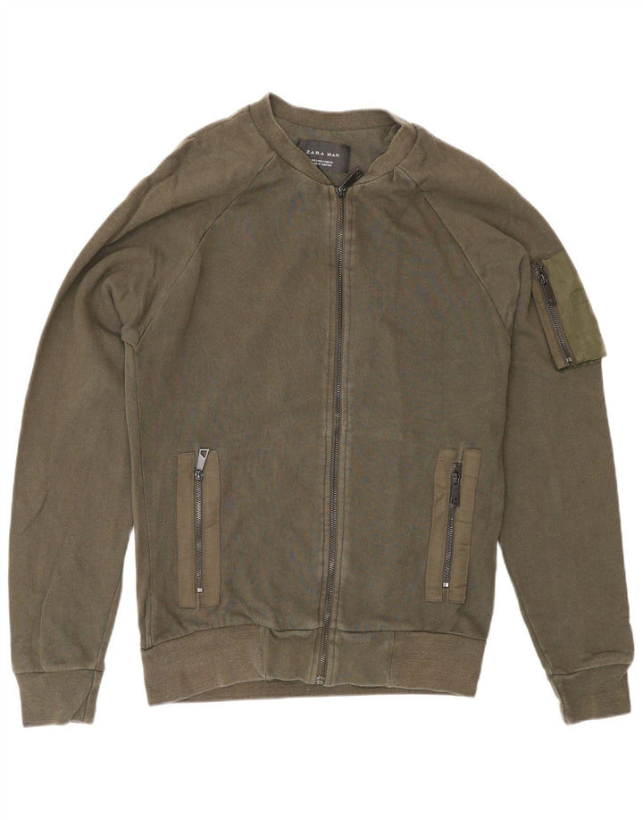 Zara Mens Tracksuit Top Jacket Small Khaki Cotton